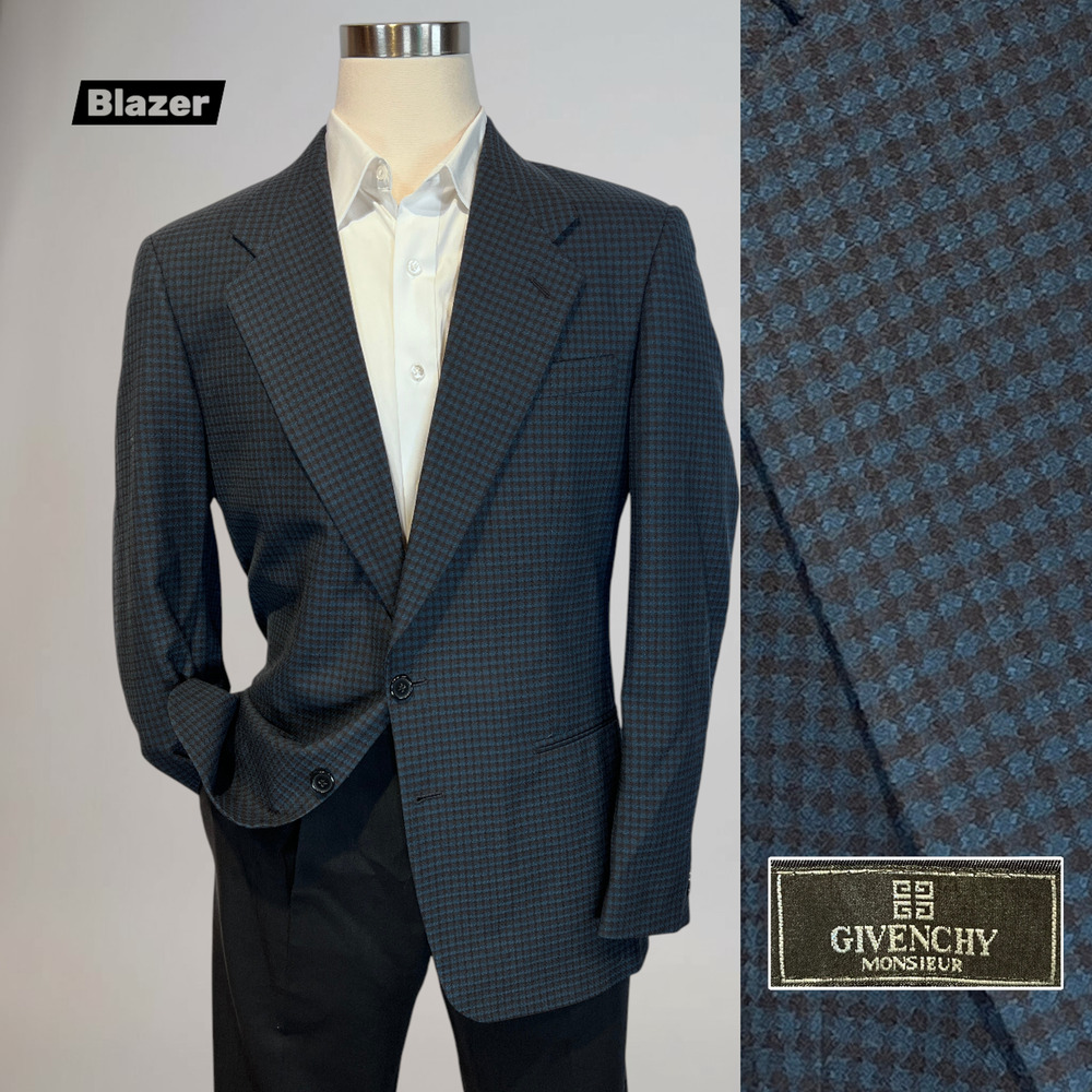 Vtg Givenchy 42L Starlight Blue Cigar Brown Check Plaid Designer Blazer